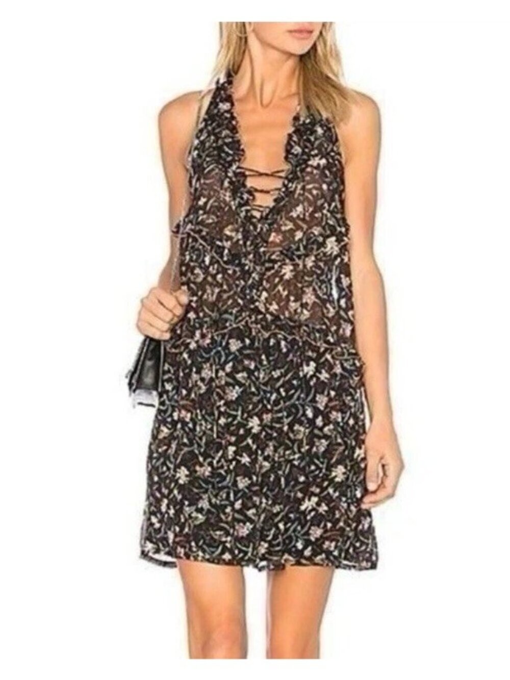 IRO x REVOLVE  Baden Ruffled Lace-Up Mini Dress Black Floral Woman's Sz 40 Sz L